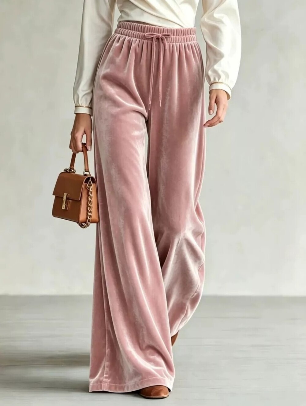 Velvet Wide-Leg Pants with Drawstring